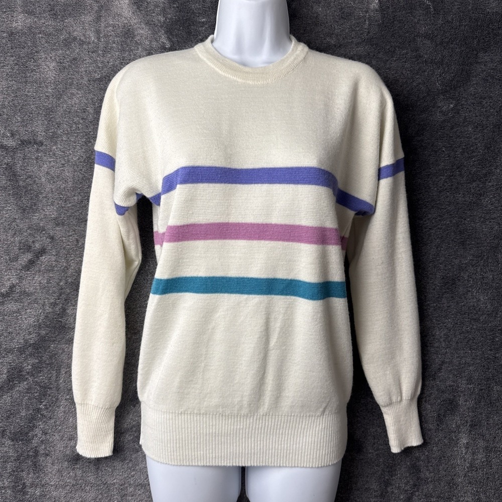 Vintage Mount Cervin Striped‎ Sweater Women Medium Cream Wool Blend Preppy